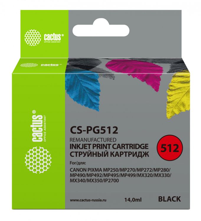 Картридж Cactus CS-PG512 для Canon Pixma MP240/ MP250/MP260/ MP270/ MP480, черный, 15 мл