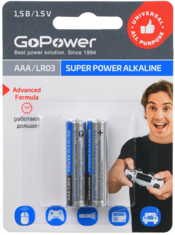 

Батарейка GoPower LR03 AAA B 00-00019862 Alkaline 1.5V блистер (2 шт.), LR03 AAA B