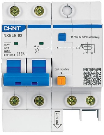 

Автомат дифференциальный CHINT 819977 NXBLE-63 2P C16 30мА тип AC 6кА (R), 819977