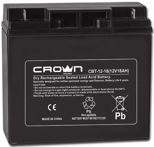 Аккумулятор Crown CBT-12-18 CM000003025 свинцово-кислотный, 12В, 18А/Ч, ABS-пластик, Т5, срок службы 6 лет