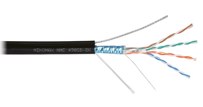 

Кабель витая пара F/UTP 5e кат. 4 пары NIKOMAX NMC 4905B-BK 24AWG(0.51 мм), медь, одножильный (solid), внешний, с троссом, PE, чёрный, уп/500м, NMC 4905B-BK