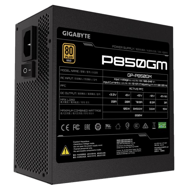 

Блок питания ATX GIGABYTE GP-P850GM 850W, активный PFC, 120mm fan, 80PLUS Gold, отстегивающиеся кабели, GP-P850GM