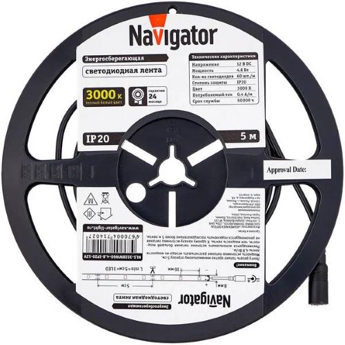 

Лента светодиодная Navigator NLS-3528WW60-4.8-IP20-12V 60LED/м, 4,8Вт, 12В DC, нарез. кр. 50мм, теплый белый 3000К, IP20, 5м. в ролле (71402), NLS-3528WW60-4.8-IP20-12V