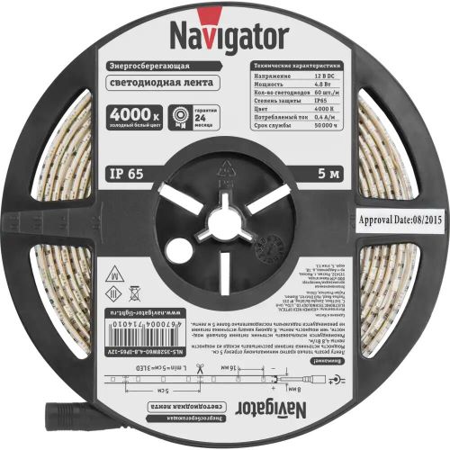 

Лента светодиодная Navigator NLS-3528W60-4.8-IP65-12V 60LED/м, 4,8Вт, 12В DC, нарез. кр. 50мм, холодный белый 4000К, IP65, 5м. в ролле (71401), NLS-3528W60-4.8-IP65-12V