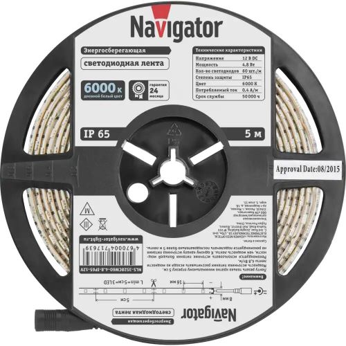 

Лента светодиодная Navigator NLS-3528СW60-4.8-IP20-12V 60LED/м, 4,8Вт, 12В DC, нарез. кр. 50мм, дневной белый 6000К, IP20, 5м. в ролле (71762), NLS-3528СW60-4.8-IP20-12V