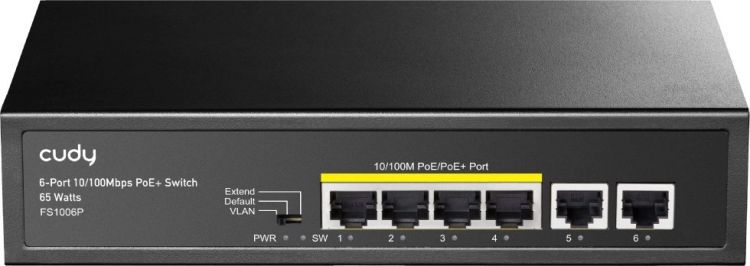 

Коммутатор неуправляемый Cudy FS1006P 6-Port 10/100M PoE with 4 POE Ports Desktop, support 4-port IEEE 802.3at PoE+ Injector (Port-1 to Port-4), Suppo, FS1006P