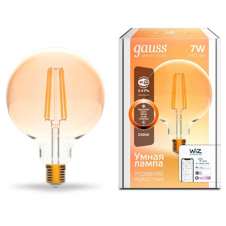 

Лампа светодиодная Gauss 1320112 филаментная Smart Home DIM E27 G95 Golden 7 Вт 740 лм, 1320112