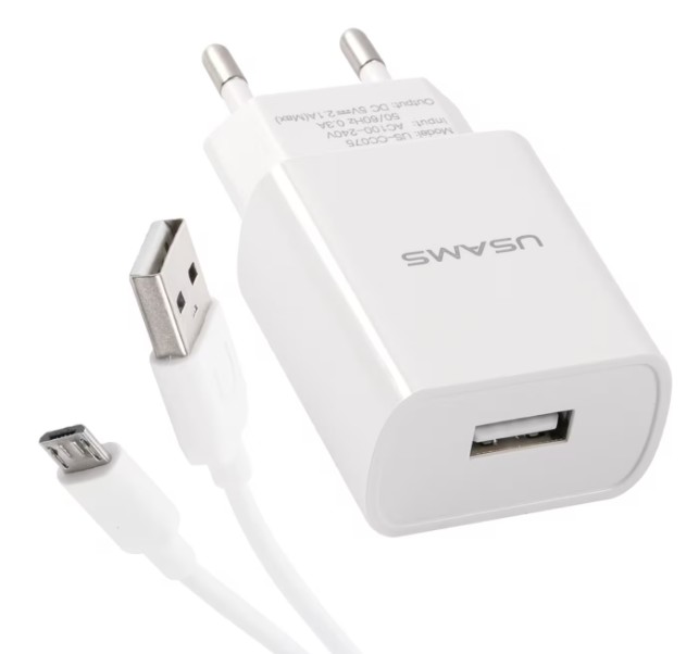 Зарядное устройство сетевое Usams T21 Charger kit УТ000027072 USB T18 2,1A+кабель Micro USB 1m, белое (T21OCMC01)