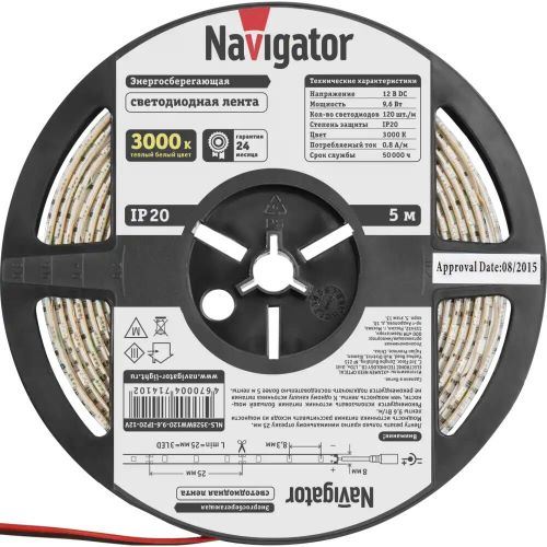 

Лента светодиодная Navigator NLS-3528WW120-9.6-IP20-12V 120LED/м, 9,6Вт, 12В DC, нарез. кр. 25мм, теплый белый 3000К, IP20, 5м. в ролле (71410), NLS-3528WW120-9.6-IP20-12V