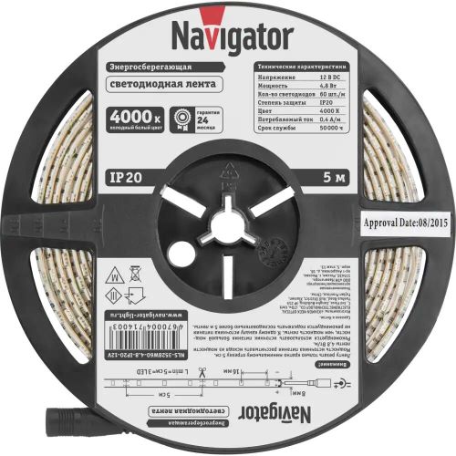 

Лента светодиодная Navigator NLS-3528W60-4.8-IP20-12V 60LED/м, 4,8Вт, 12В DC, нарез. кр. 50мм, холодный белый 4000К, IP20, 5м. в ролле (71400), NLS-3528W60-4.8-IP20-12V