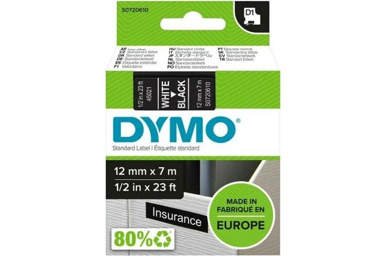 Картридж Dymo S0720610 с лентой  12 мм х 7 м. , пластик, белый шрифт/черная лента - фото 1