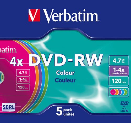 Диск DVD-RW Verbatim 43563 4.7ГБ, 4x, 5шт., Slim Case, Color