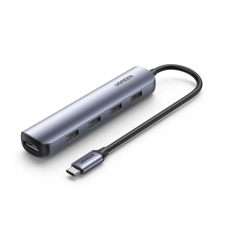 Адаптер UGREEN 20197 USB-C to 4*USB 3.0+HDMI, серый