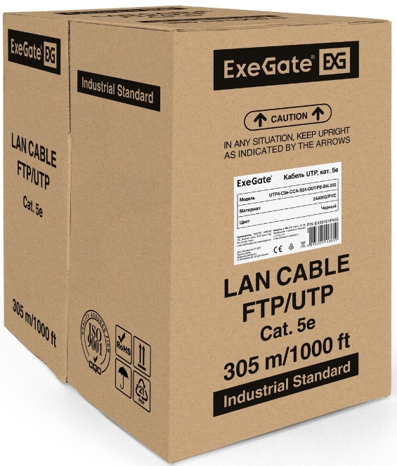 Кабель витая пара U/UTP 5e кат. 4 пары Exegate UTP4-C5e-CCA-S24-OUT-PE-BK-305 UTP EX281819RUS 24AWG, внешн., без троса, бухта 305м, черный