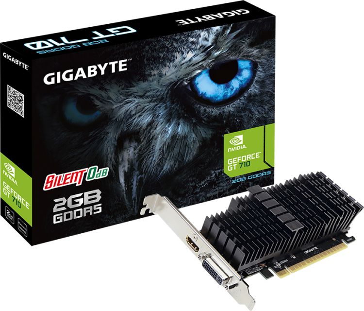 

Видеокарта PCI-E GIGABYTE GeForce GT 710 GV-N710D5SL-2GL 2GB Silent Low Profile GDDR5 64bit 28nm 954/5010MHz DVI-I(HDCP)/HDMI RTL, GeForce GT 710