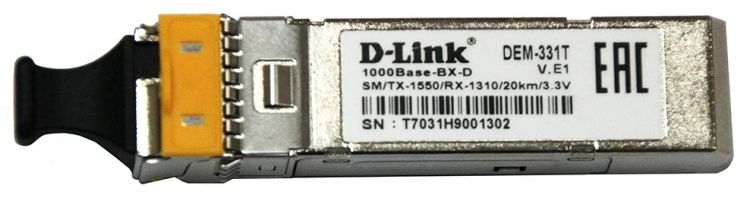 

Трансивер D-link 331T/20KM/A1A WDM SFP с 1 портом 1000Base-BX-U (Tx:1550 нм, Rx:1310 нм) для одномодового оптического кабеля (до 20км), 331T/20KM/A1A