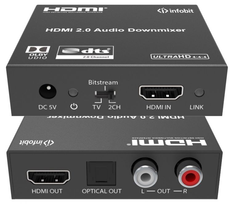 Деэмбеддер Infobit iTrans AD02 HDMI 4K60 HDCP 2.2, RCA и оптический выход, понижающее микширование