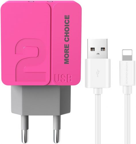 Зарядное устройство сетевое More Choice NC46i 2*USB 2.4A для Lightning 8-pin 1м Pink, цвет розовый NC46i Pink - фото 1