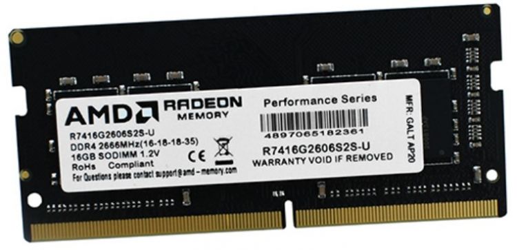 

Модуль памяти SODIMM DDR4 16GB AMD R7416G2606S2S-U PC4-21300 2666MHz CL16 1.2V RTL, R7416G2606S2S-U