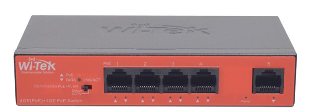 

Коммутатор неуправляемый Wi-Tek WI-PS305GH PoE 45Вт, порты 4 PoE GE + 1GE, режим VLAN, Watchdog, WI-PS305GH