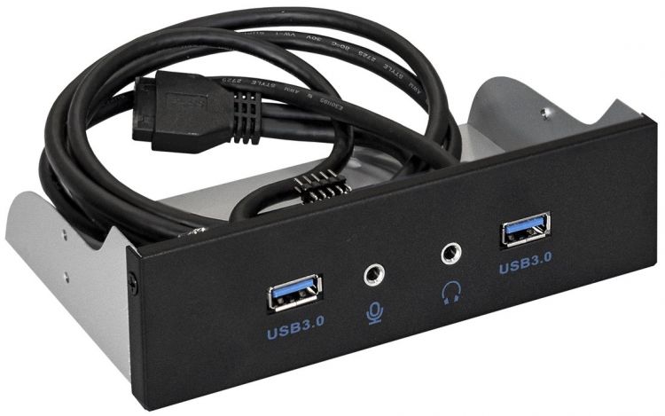 

Планка Exegate U5H-627 EX289291RUS USB на переднюю панель, 5,25", 2*USB3.0, 2*HD Audio, черная, металл, подсоед. к MB, U5H-627