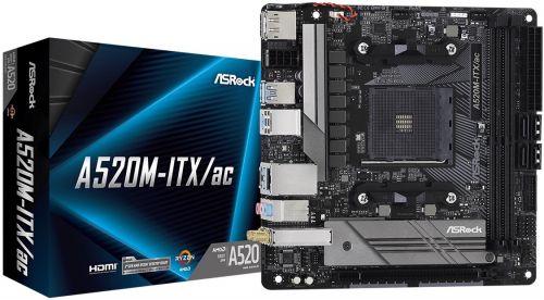 Материнская плата mini-ITX ASRock A520M-ITX/AC (AM4, AMD A520, 2*DDR4(4733), 4*SATA 6G RAID, M.2, PC