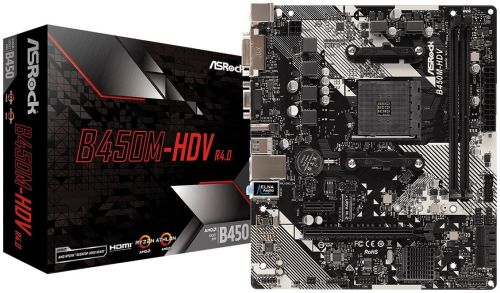 Материнская плата mATX ASRock B450M-HDV R4.0 AM4, AMD B450, 2xDDR4(3200), 1xPCI-Ex16, PCI-Ex1, D-SUB