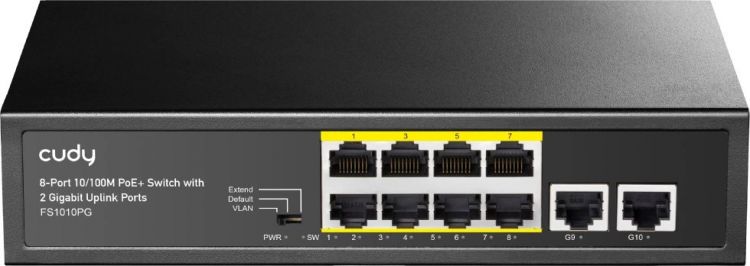 

Коммутатор неуправляемый Cudy FS1010PG 8-Port 10/100M PSE RJ-45 +2 RJ45 10/100/1000M Uplink Port PoE+ 120W, CCTV/VLAN mode support, long distance:250M, FS1010PG