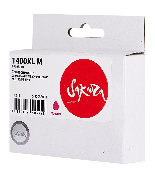 

Картридж струйный Sakura 9203B001 (1400XL M) для Canon MAXIFY MB2040/MB2340/MB2140/MB2740, водорастворимый тип чернил, пурпурный, 900 к., 9203B001 (1400XL M)