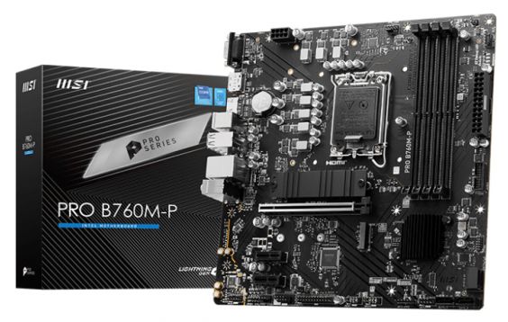 Материнская плата mATX MSI PRO B760M-P (LGA1700, B760, 4*DDR5 (6800), 4*SATA 6G RAID, 2*M.2, 3*PCIe 4.0, Glan, 3*USB 3.2, 8*USB 2.0, Type-C, HDMI, DP,