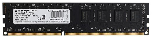 

Модуль памяти DDR3 4GB AMD R534G1601U1S-U 1600MHz, PC3-12800, CL11, 1.5V, Non-ECC, Retail, R534G1601U1S-U