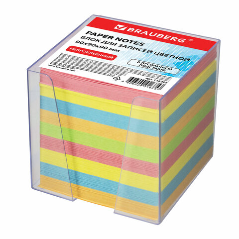 Блок BRAUBERG 122225 для записей, в подставке прозрачной, куб 9х9х9 см, цветной