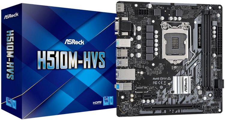 Материнская плата mATX ASRock H510M-HVS (LGA1200, H510, 2*DDR4(3200), 4*SATA 6G RAID, 2*PCIE, 7.1CH, Glan, D-Sub, HDMI, 4*USB 3.2)
