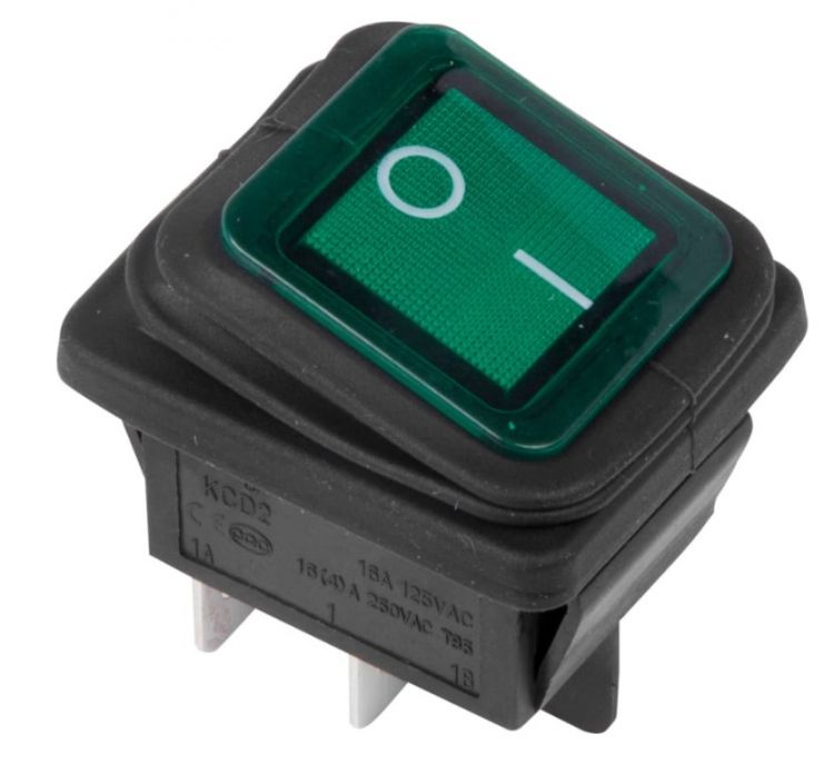 Выключатель Rexant 36-2362 клавишный 250V 15А (4с) ON-OFF зеленый с подсветкой ВЛАГОЗАЩИТА (RWB-507)