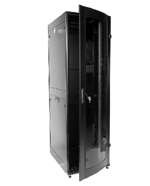 Шкаф напольный 19, 42U ЦМО ШТК-МП-42.6.6-1ААА-9005 (600x600) дверь стекло, чёрный, в сборе цена и фото