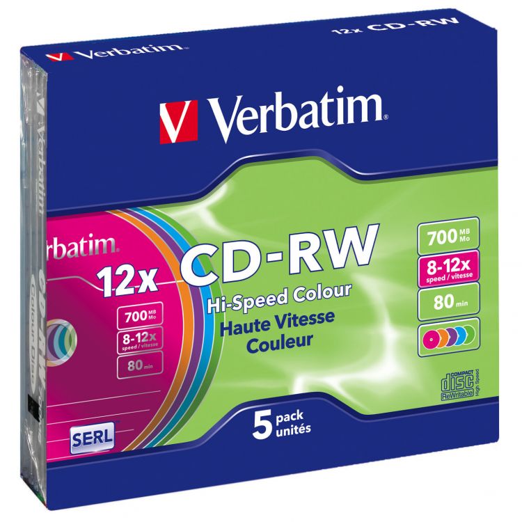 цена Диск CD-RW Verbatim 43167 700МБ, 80 мин., 8-12х, 5шт., Slim Case, Color, DL+