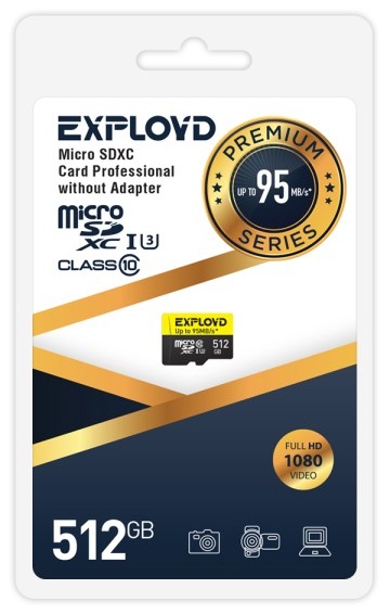 

Карта памяти MicroSDXC 512GB Exployd EX512GCSDXC10UHS-1-ElU3 w Class 10 Premium UHS-I U3 (95 Mb/s) без адаптера, EX512GCSDXC10UHS-1-ElU3 w