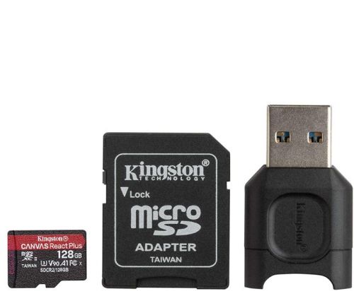 Карта памяти 128GB Kingston MLPMR2/128GB microSDXC, UHS-II Class U3 V90 A1, чтение: 285Мб/с, запись: 165Мб/с, с адаптером и USB-ридером MLPMR2/128GB - фото 1