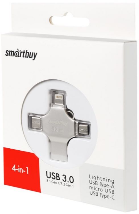 Накопитель USB 3.0 32GB SmartBuy SB032GBMC15 MC15 Metal Quad 4-in-1 (Lightning + USB Type-A + USB Type-C + micro USB) серебро металл