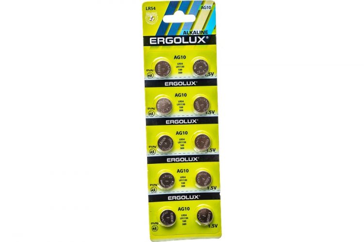 

Батарейка Ergolux AG10-BP10 LR1130/AG10, 1,5 В, 80 мА.ч, 10 шт в упаковке (14321), AG10-BP10