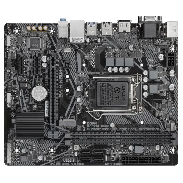 Материнская плата mATX GIGABYTE H410M H V2 2.1 (LGA1200, Q470E, 2*DDR4 (2933), 4*SATA RAID, M.2, 3*PCIe, HDMI, 2*USB 3.1, 4*USB 2.0) RTL