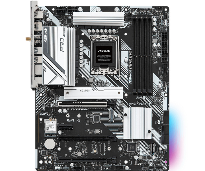 

Материнская плата ATX ASRock B760 PRO RS WIFI (LGA1700, B760, 4*DDR5(7200), 4*SATA 6G RAID, 3*M.2, 3*PCIe, 2.5Glan, HDMI, DP, 5*USB 3.2, 2*USB 2.0, Ty, B760 PRO RS WIFI