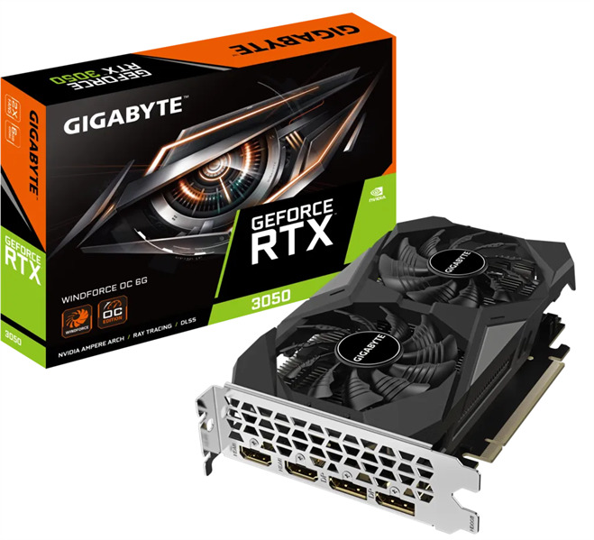 Видеокарта PCI-E GIGABYTE GeForce RTX 3050 WINDFORCE OC (GV-N3050WF2OC-6GD) 6GB GDDR6 96bit 8nm 1477/14000MHz 2xDP 2xHDMI RTL