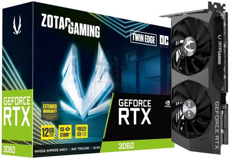 Видеокарта PCI-E Zotac GeForce RTX 3060 Twin Edge OC (ZT-A30600H-10M) 12GB GDDR6 192bit 8nm 1320/15000MHz HDMI/3*DP OEM