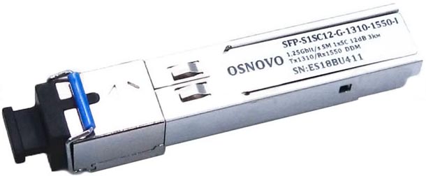 Модуль SFP OSNOVO SFP-S1SC12-G-1310-1550-I до 1.25 Гбит/c, SC/12дБ/расстояние передачи до 3км/Tx 1310/Rx 1550/поддержка DDM