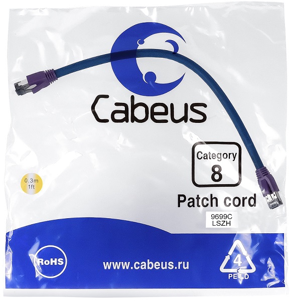 

Кабель патч-корд SSTP 8 кат. 0,3м Cabeus PC-SSTP-RJ45-Cat.8-0.3m-LSZH 2xRJ45/8p8c, экранированный, синий, LSZH, PC-SSTP-RJ45-Cat.8-0.3m-LSZH