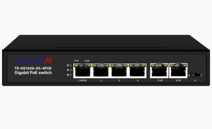 

Коммутатор неуправляемый TRASSIR TR-NS1406-65-4POE с 4 PoE портами (10/100/1000 Мбит/с (Base-T)), 2 Uplink (10/100/1000 Мбит/с (Base-T)), TR-NS1406-65-4POE