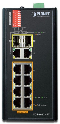 

Коммутатор промышленный Planet IFGS-1022HPT Industrial 8-Port 10/100TX 802.3at PoE + 2-Port Gigabit TP/ SFP combo Ethernet Switch (-40~75 degrees C), IFGS-1022HPT