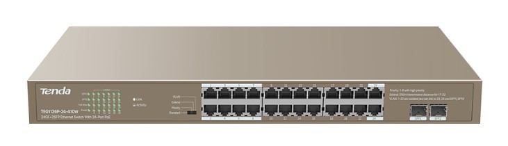 

Коммутатор неуправляемый Tenda TEG1126P-24-410W гигабитный PoE, 24 порта, 2 SFP порта, 410Вт, TEG1126P-24-410W