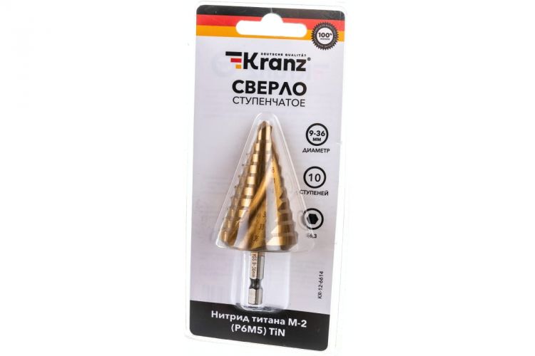 

Сверло KRANZ KR-12-6614 по металлу ступенчатое ТИТАН 9,0-36,0 мм 110 mm 65 HRC Р6М5 TiN, KR-12-6614